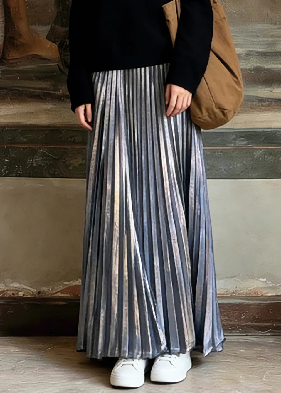 Unique Silver Elastic Waist Maxi Pleated Skirts Spring - Image 3
