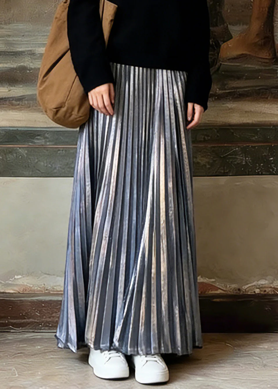 Unique Silver Elastic Waist Maxi Pleated Skirts Spring - Image 5