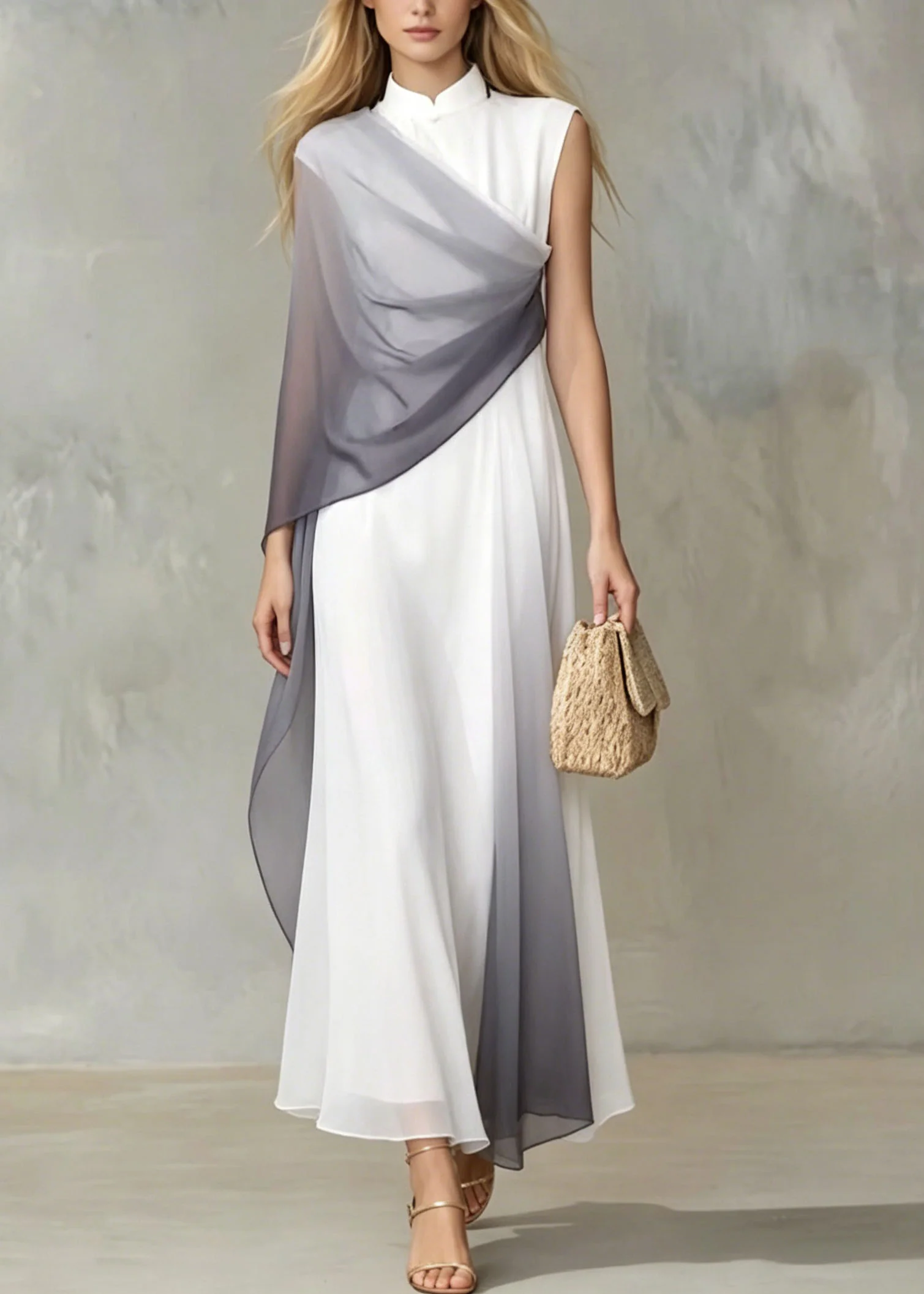 Unique Stand Collar Patchwork Chiffon Long Dress Summer - Image 3