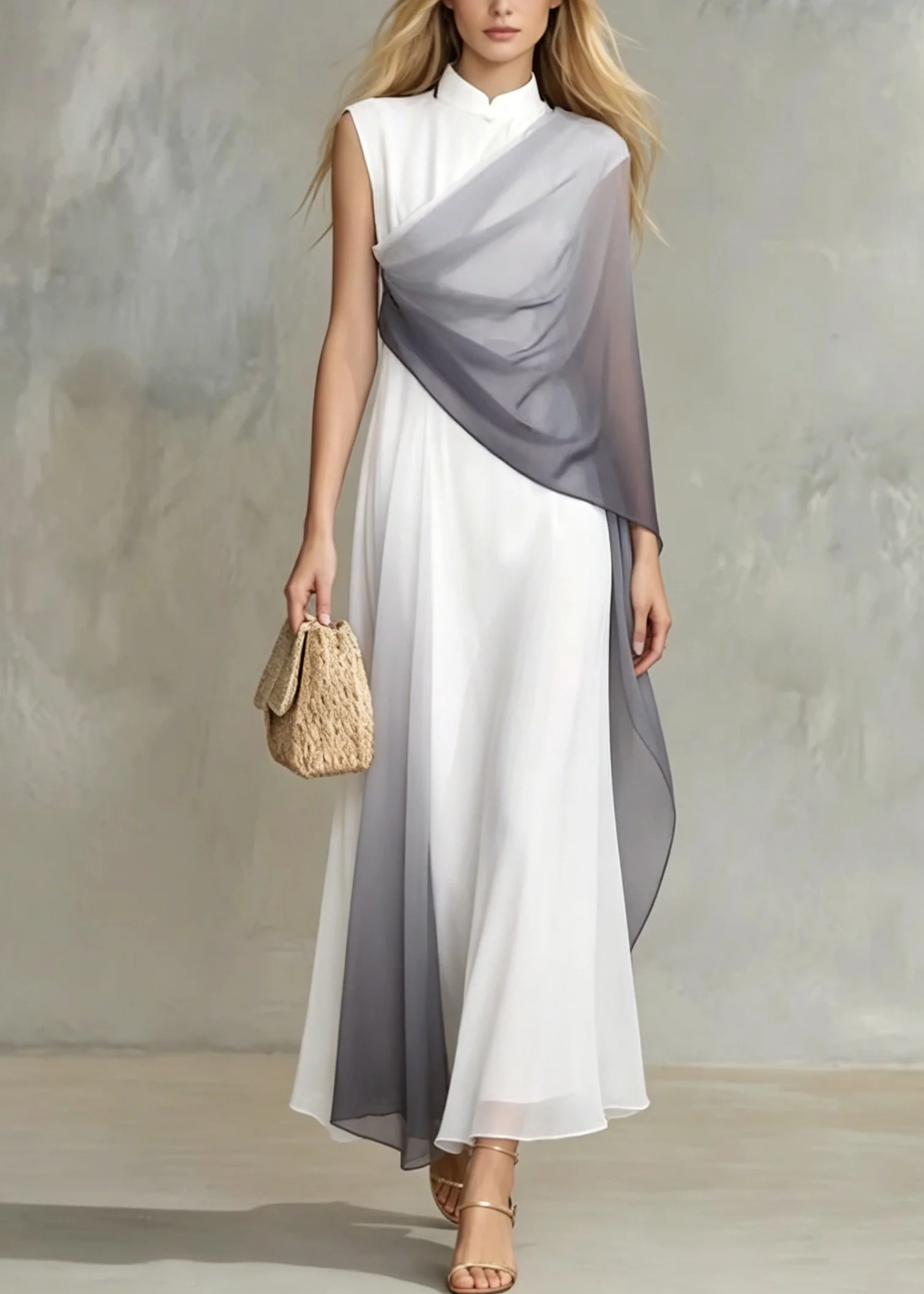 Unique Stand Collar Patchwork Chiffon Long Dress Summer - Image 5