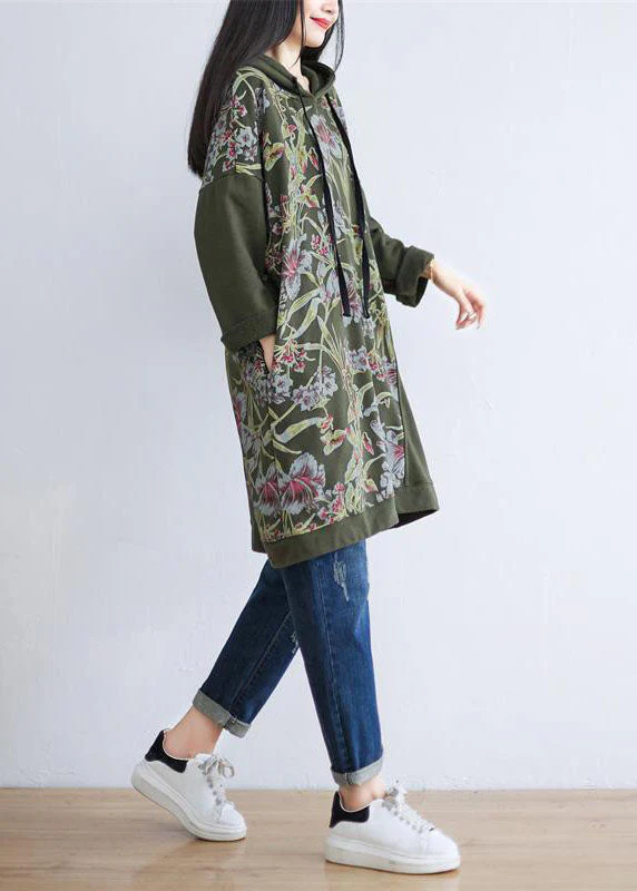 Unique Tea Green Hooded Print Cotton Shift Dress Spring - Image 4