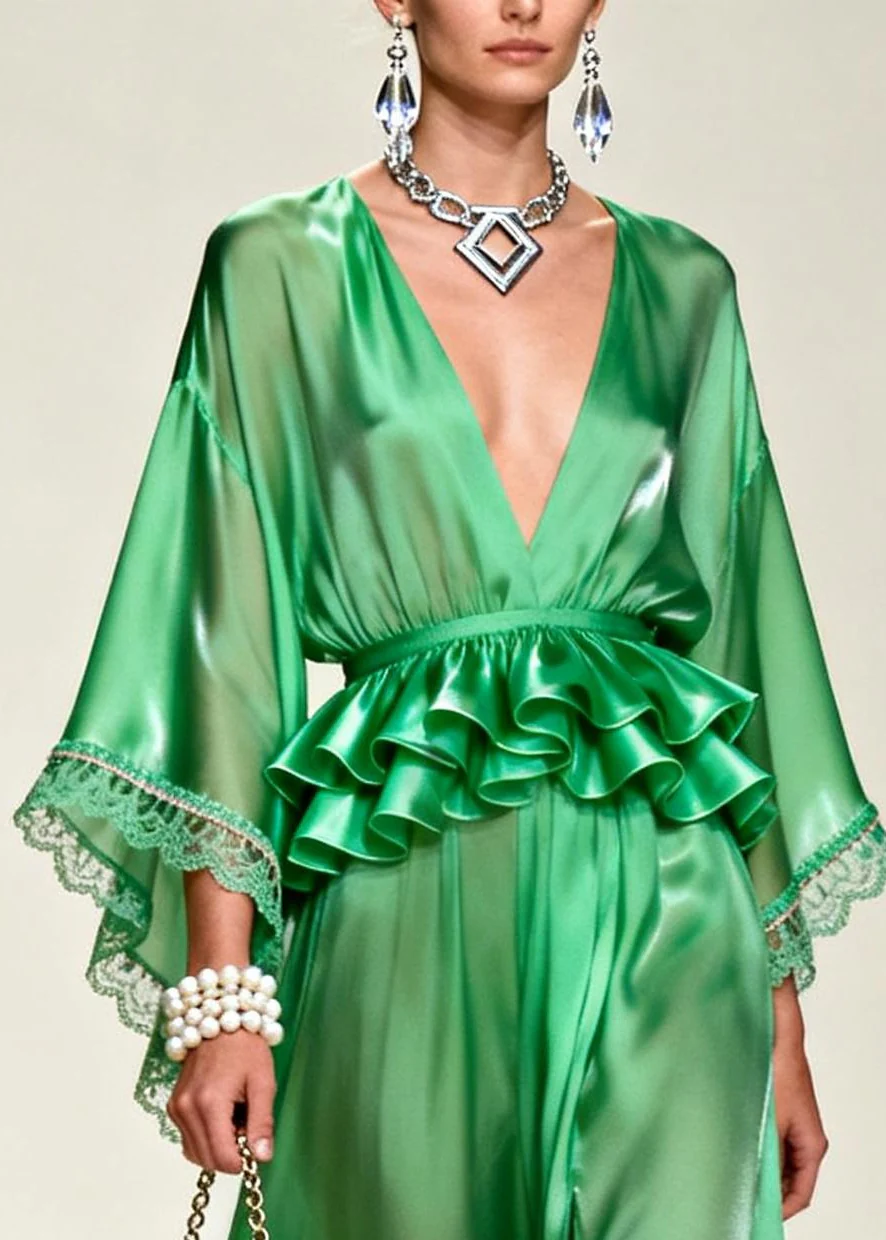 Unique Tea Green solid color Side Open Chiffon Party Dress Summer - Image 2