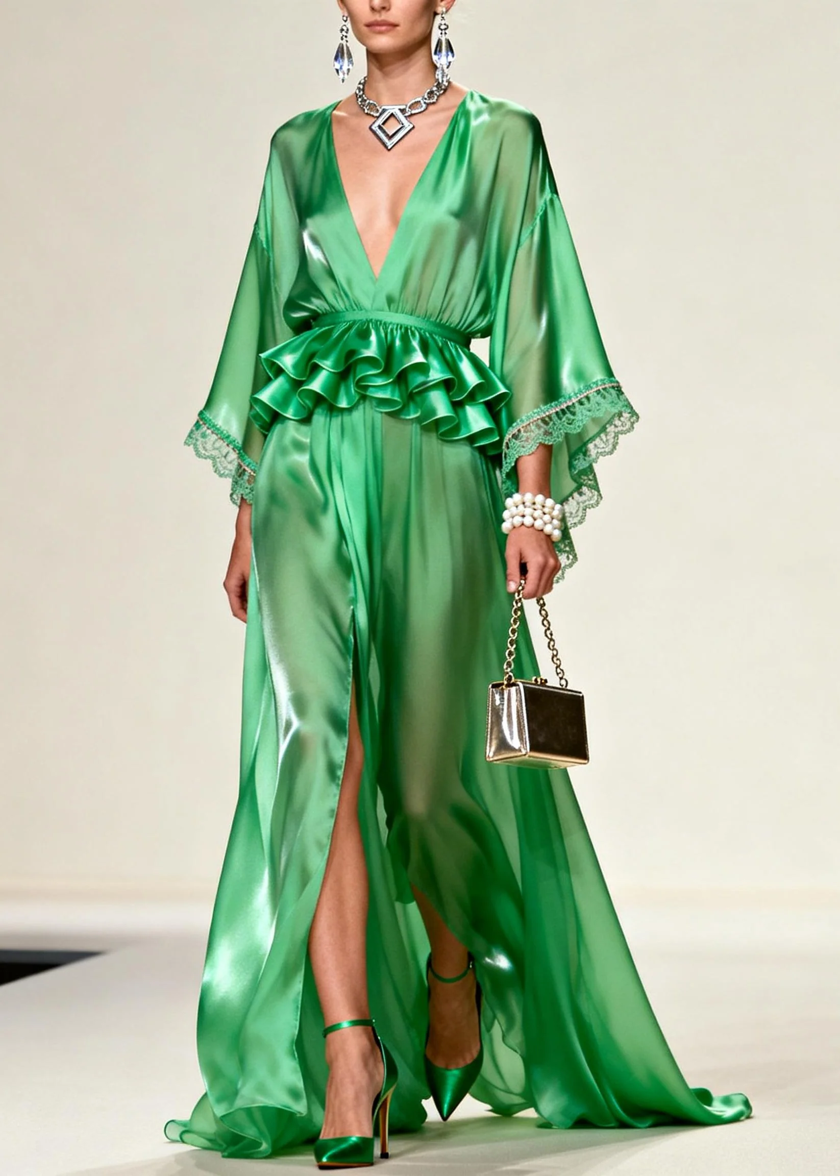 Unique Tea Green solid color Side Open Chiffon Party Dress Summer - Image 3