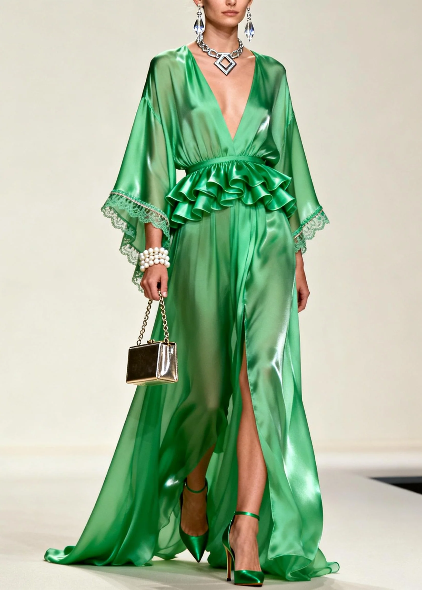 Unique Tea Green solid color Side Open Chiffon Party Dress Summer - Image 5