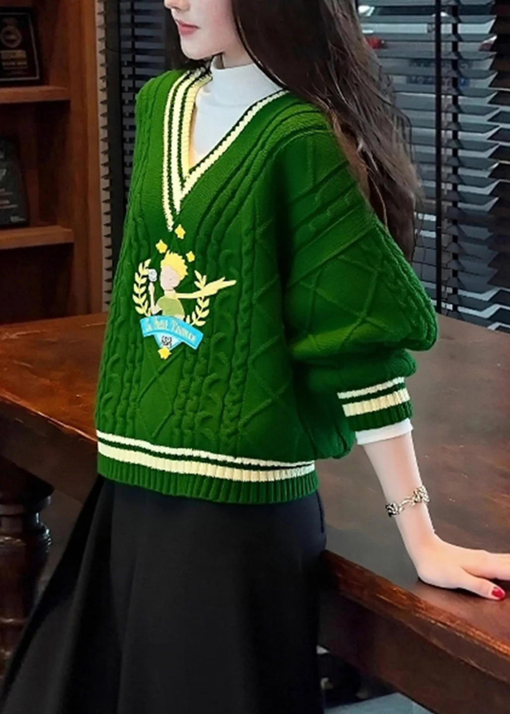 Unique Tea Green V Neck Thick Knit Sweater Winter - Image 2