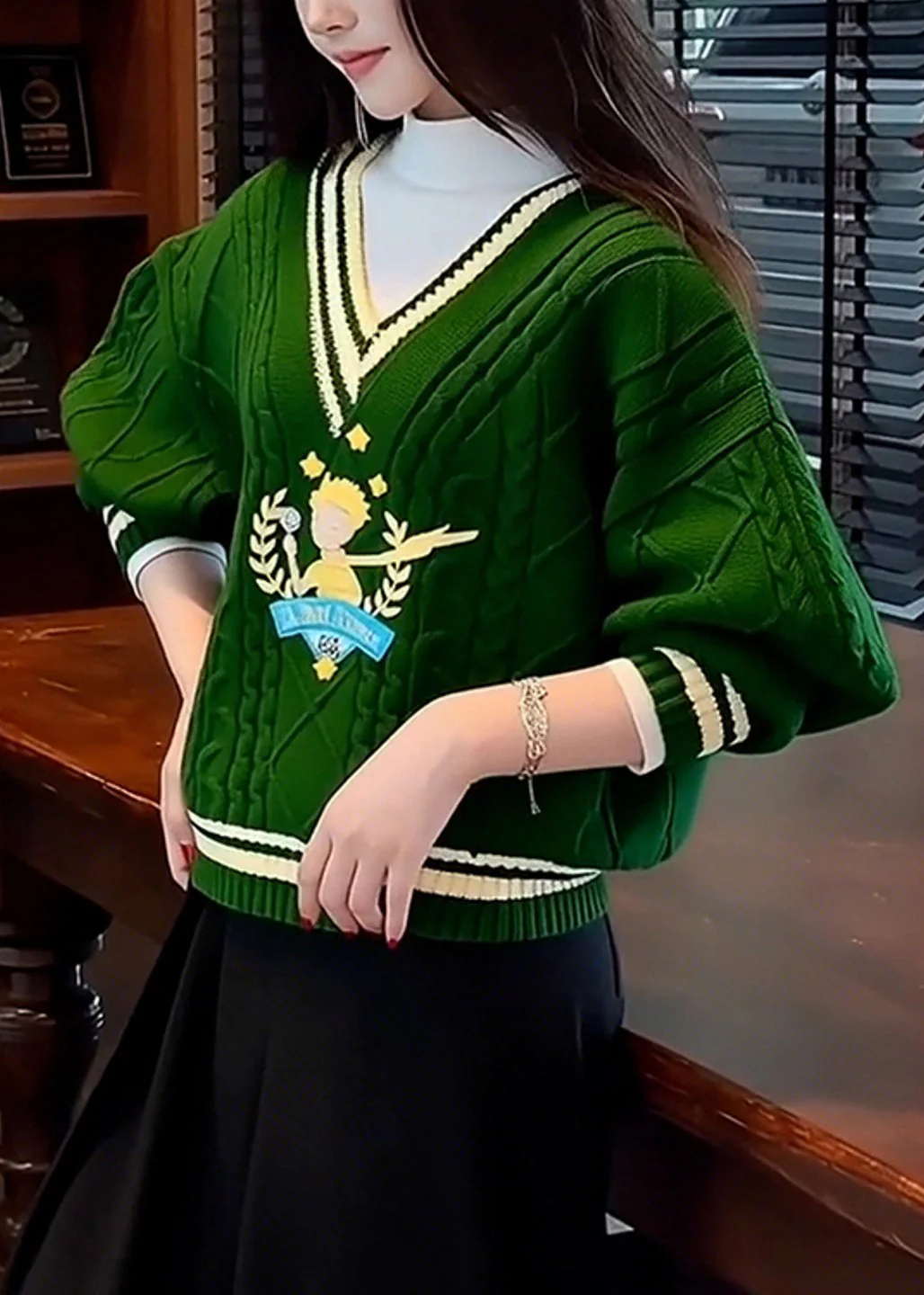 Unique Tea Green V Neck Thick Knit Sweater Winter - Image 3
