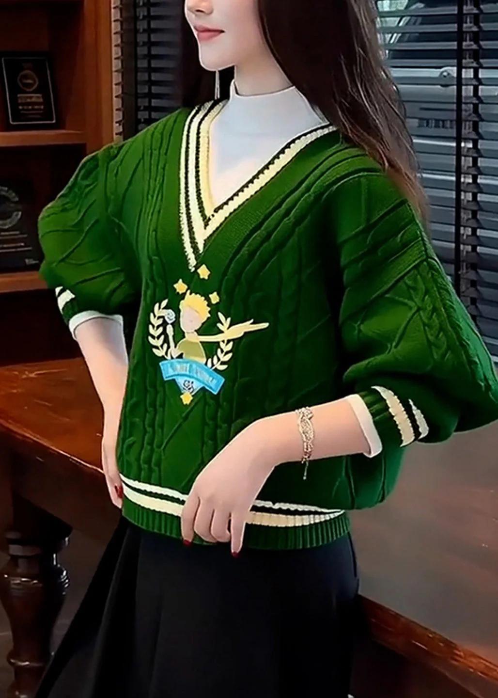 Unique Tea Green V Neck Thick Knit Sweater Winter - Image 5
