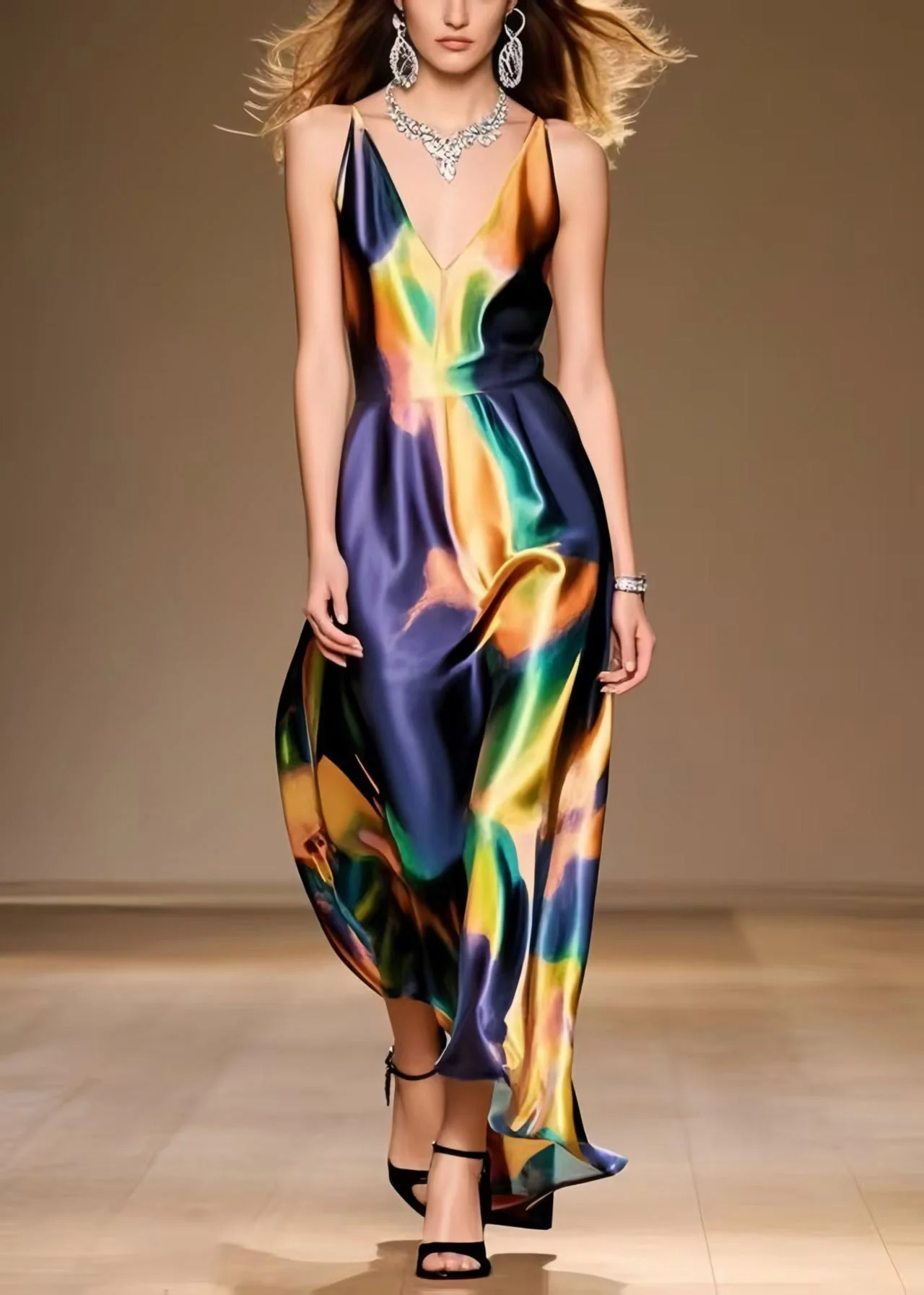 Unique Tie Dye Draping Silk Spaghetti Strap Dress Summer - Image 3