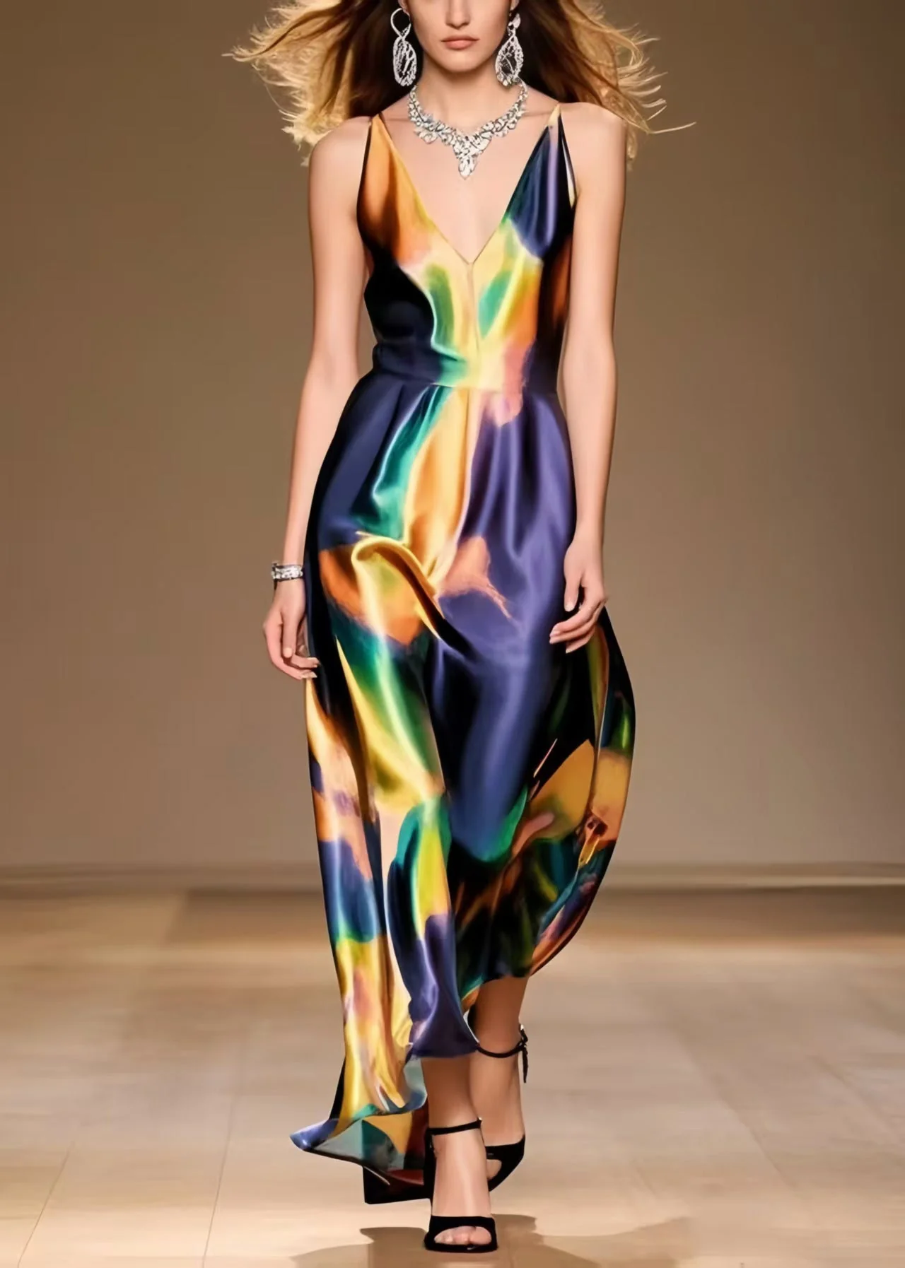 Unique Tie Dye Draping Silk Spaghetti Strap Dress Summer - Image 5