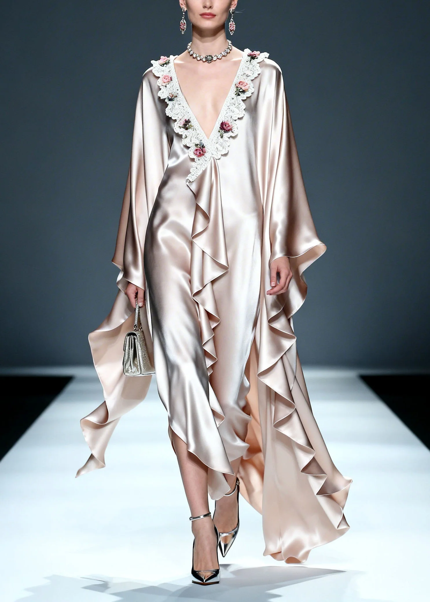 Unique V Neck Asymmetrical Design Ruffled Lace Floral Silk Dress Summer - Image 3