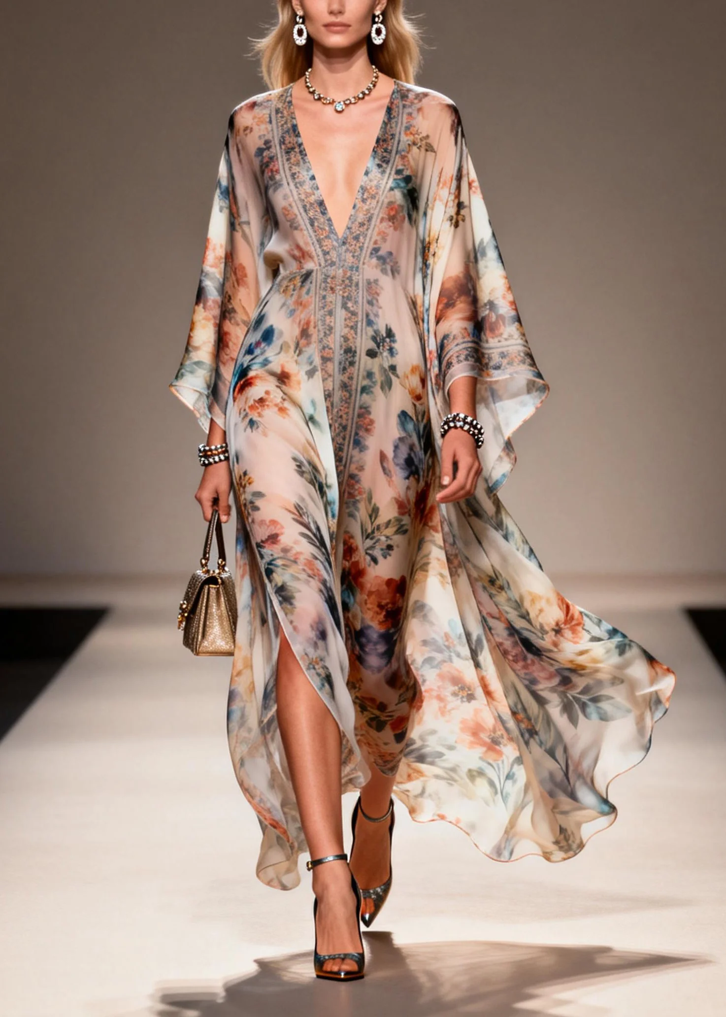 Unique V Neck Print Chiffon Maxi Dresses Spring - Image 3
