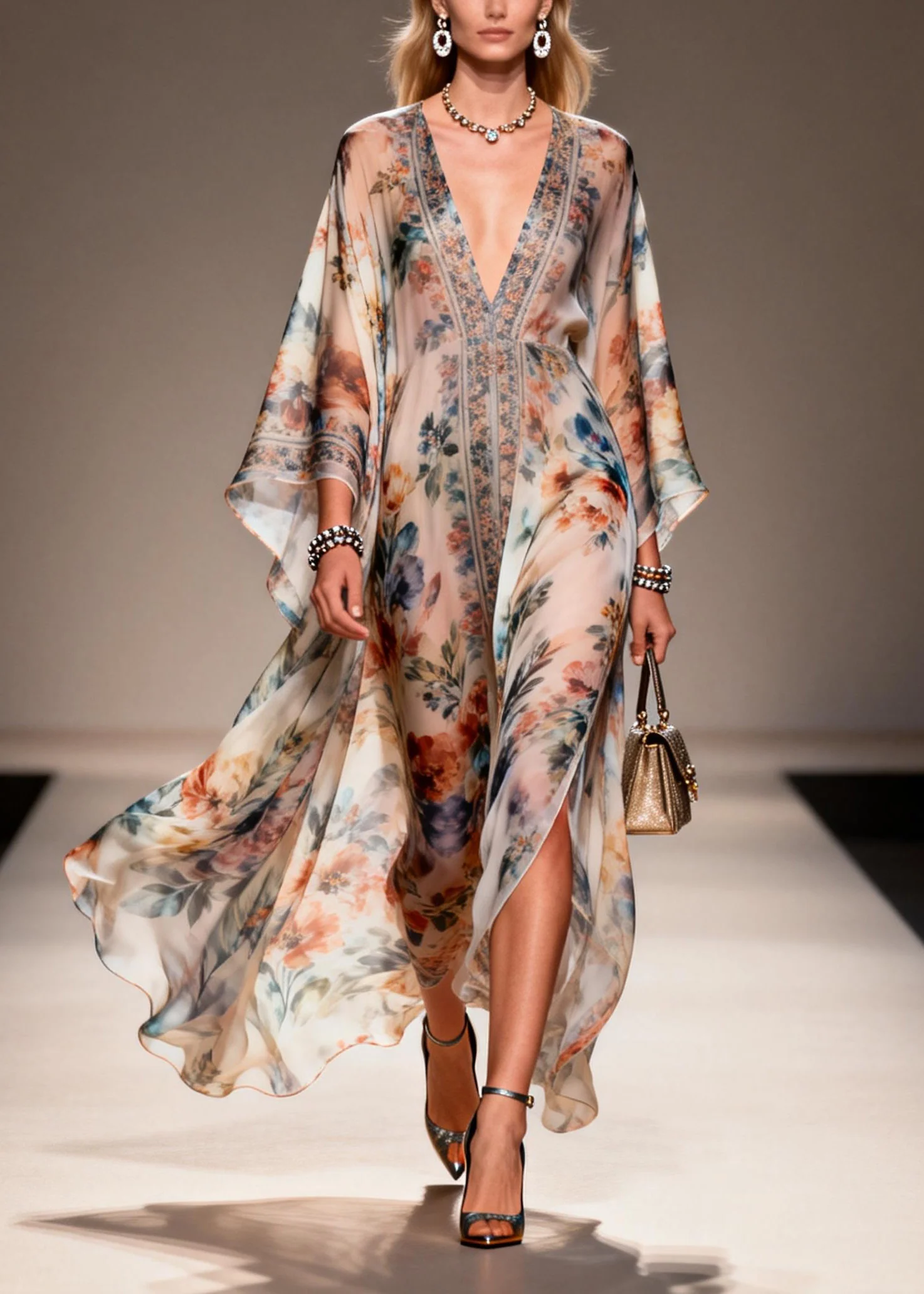 Unique V Neck Print Chiffon Maxi Dresses Spring - Image 5