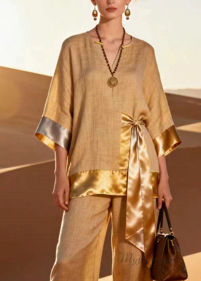 Unique V Neck Top And Pants Patchwork Linen Silk Two Pieces Set Spring - Image 2