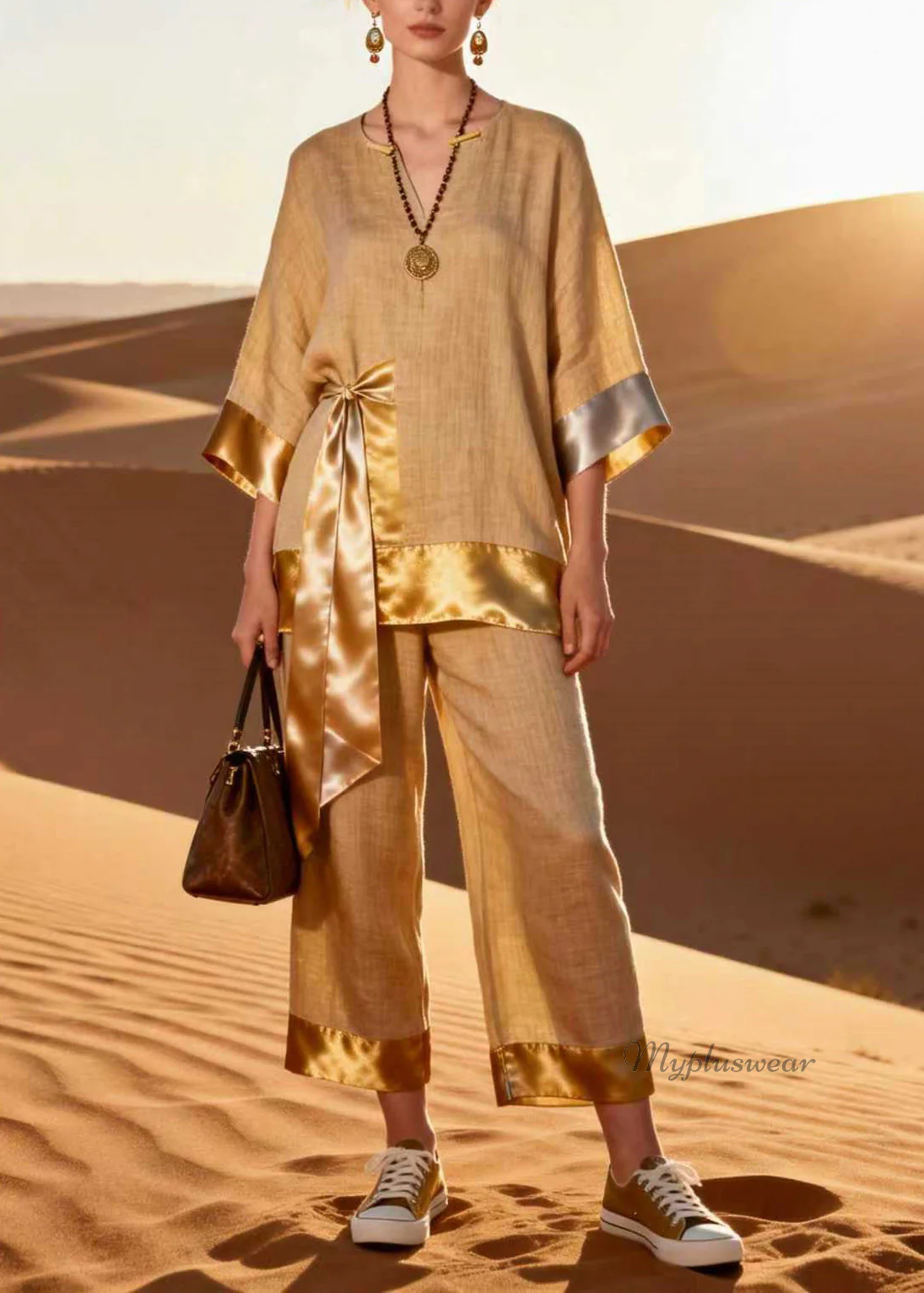 Unique V Neck Top And Pants Patchwork Linen Silk Two Pieces Set Spring - Image 3
