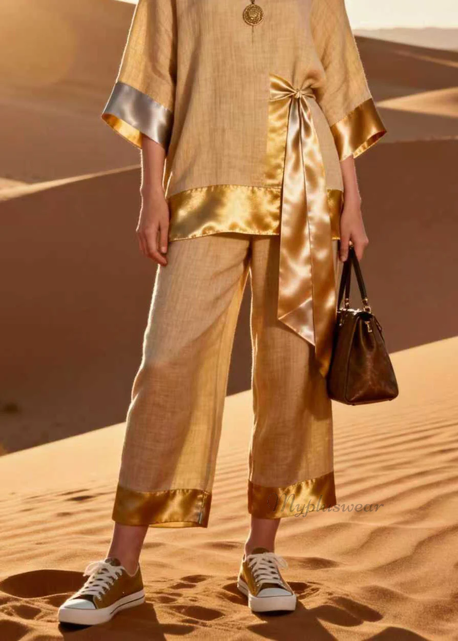 Unique V Neck Top And Pants Patchwork Linen Silk Two Pieces Set Spring - Image 4