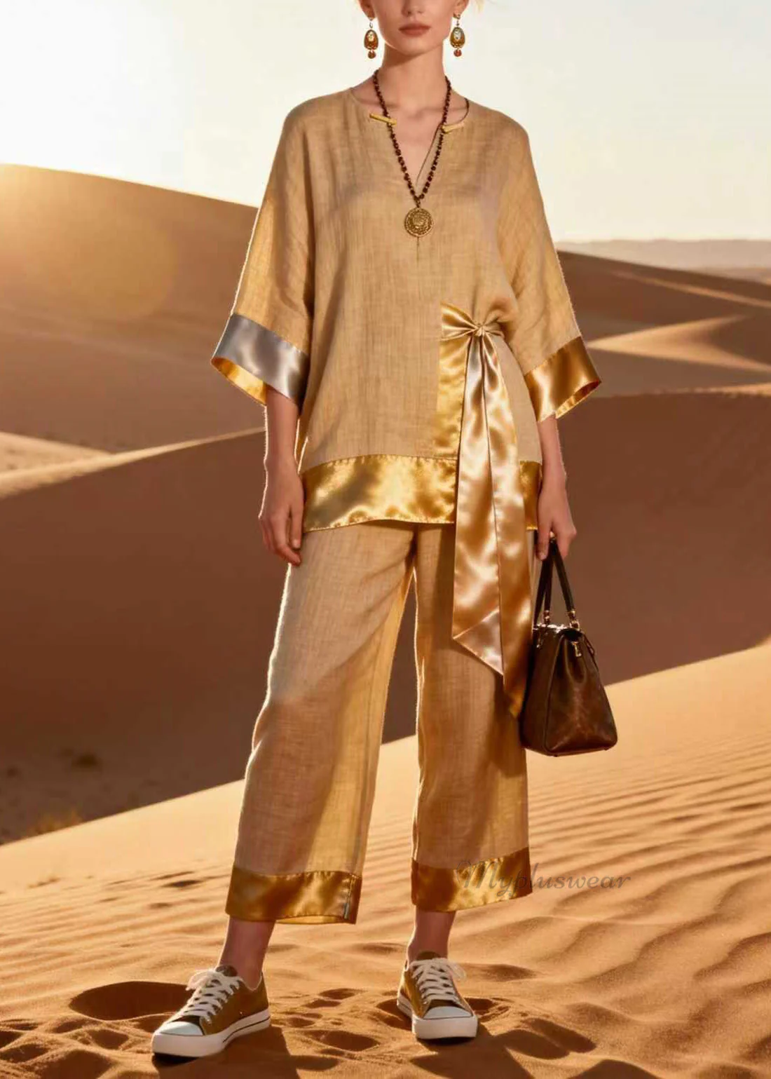 Unique V Neck Top And Pants Patchwork Linen Silk Two Pieces Set Spring - Image 5