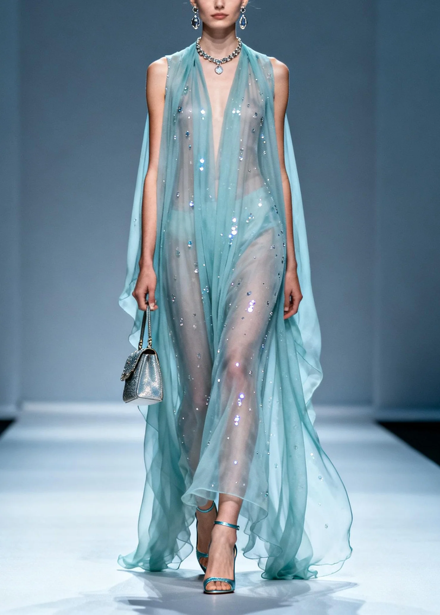 Unique V Neck Zircon Chiffon Long Dresses Summer - Image 5