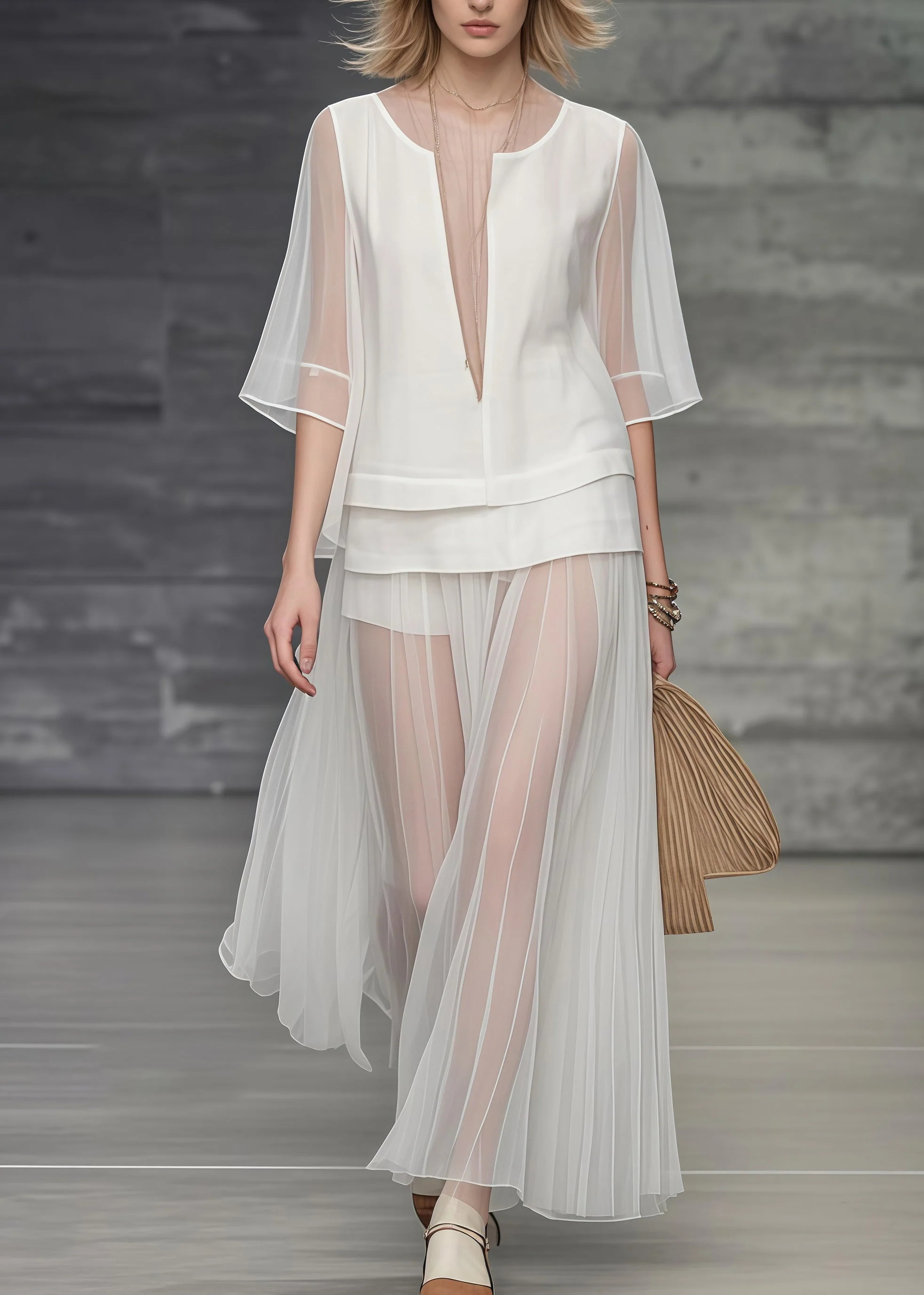Unique White Deep-V Neck Patchwork Tulle Two Piece Set Women Clothing Summer - Image 3