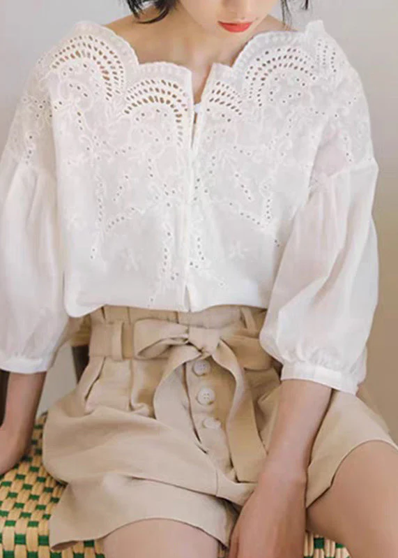 Unique White Hollow Out Shirts Puff Sleeve - Image 4