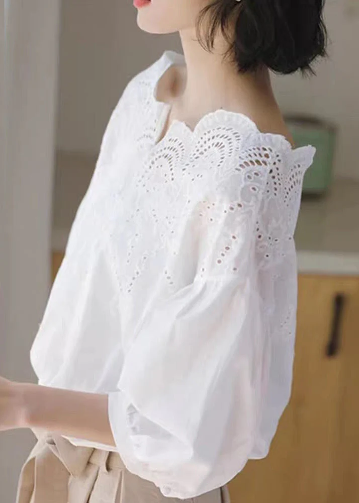 Unique White Hollow Out Shirts Puff Sleeve - Image 5