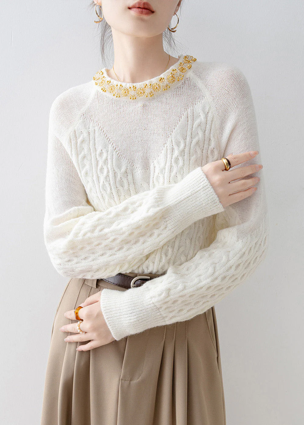 Unique White O Neck Nail Bead Knit Sweaters Spring - Image 3