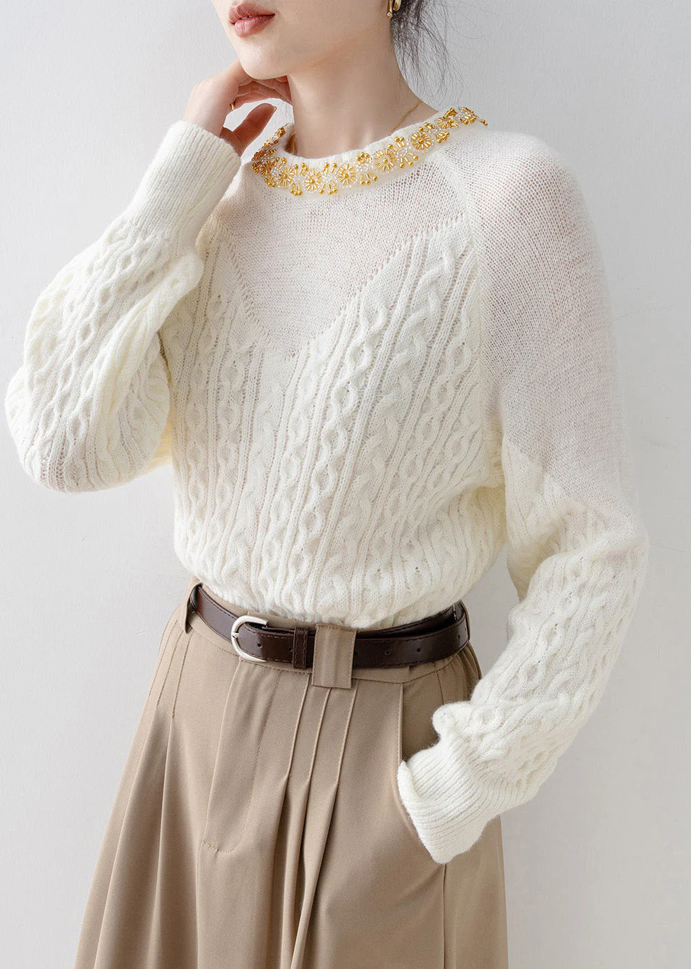 Unique White O Neck Nail Bead Knit Sweaters Spring - Image 4