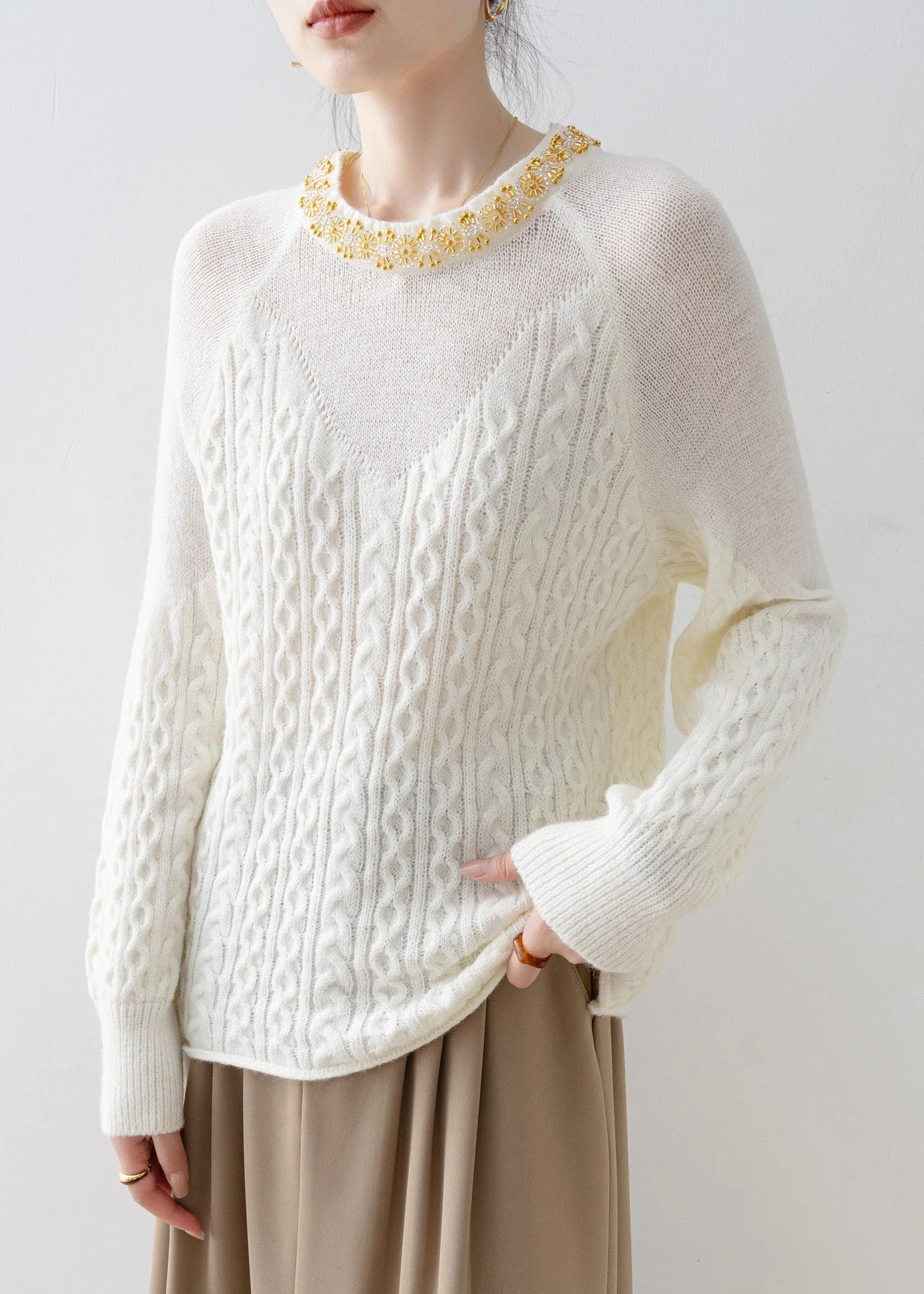 Unique White O Neck Nail Bead Knit Sweaters Spring - Image 5