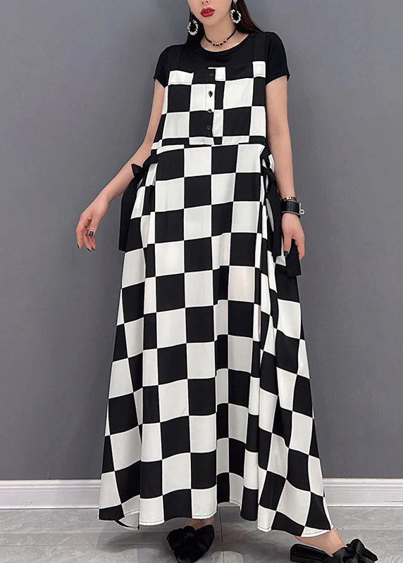Unique White O-Neck Plaid Button Pockets wrinkled Long Dresses Short Sleeve - Image 2