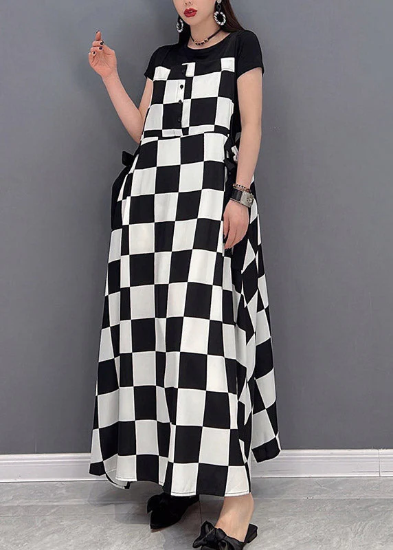 Unique White O-Neck Plaid Button Pockets wrinkled Long Dresses Short Sleeve - Image 3