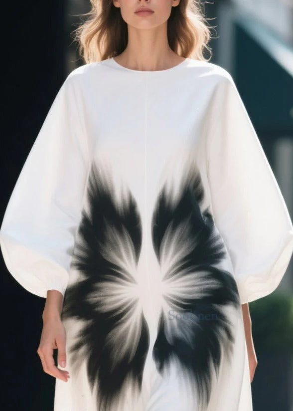 Unique White Oversized Print Cotton Straight Dress Lantern Sleeve - Image 2
