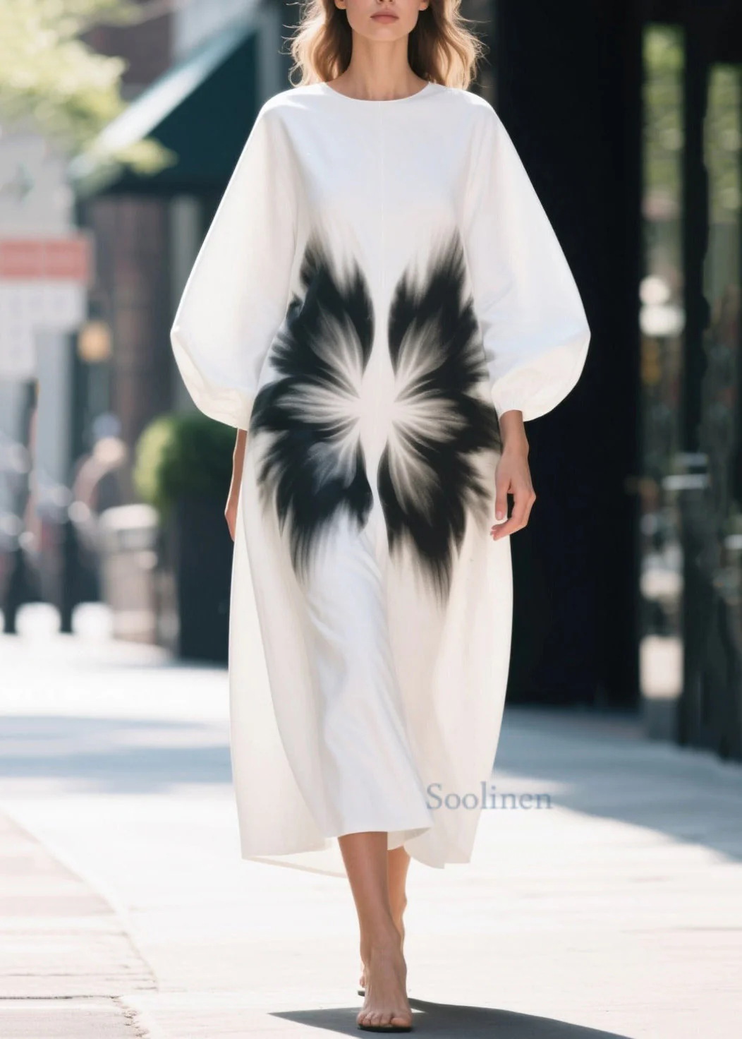 Unique White Oversized Print Cotton Straight Dress Lantern Sleeve - Image 3