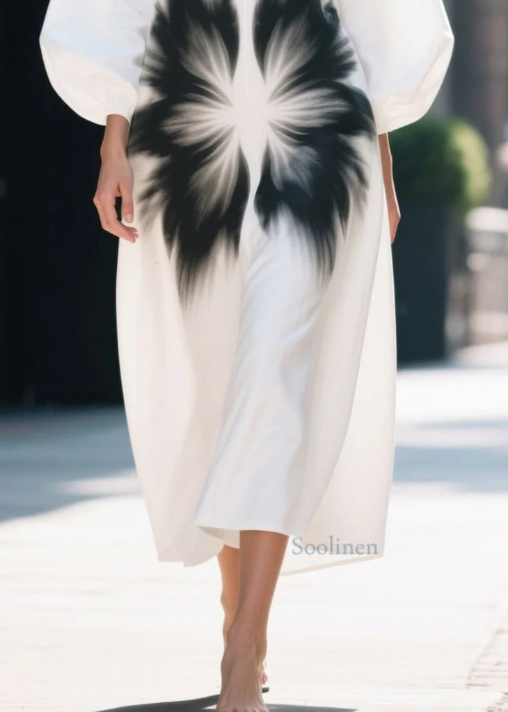 Unique White Oversized Print Cotton Straight Dress Lantern Sleeve - Image 4
