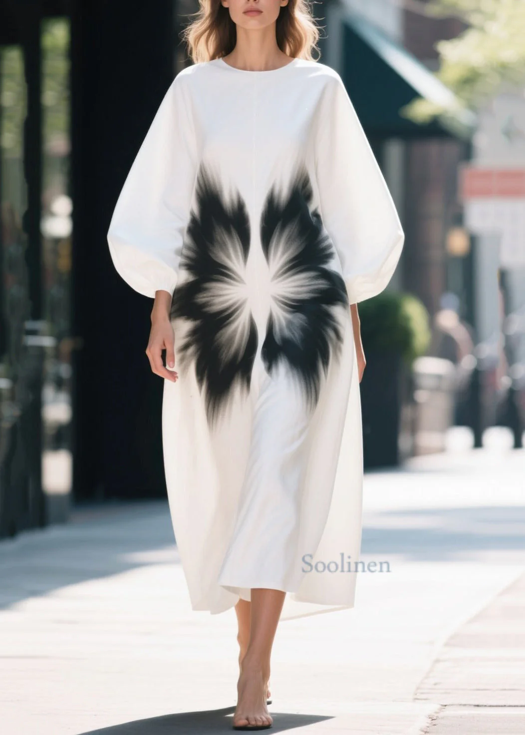 Unique White Oversized Print Cotton Straight Dress Lantern Sleeve - Image 5