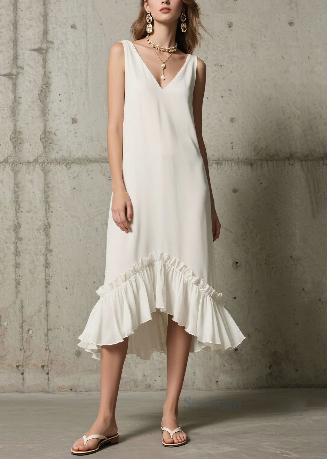 Unique White Ruffled Patchwork Chiffon Dress Sleeveless - Image 3