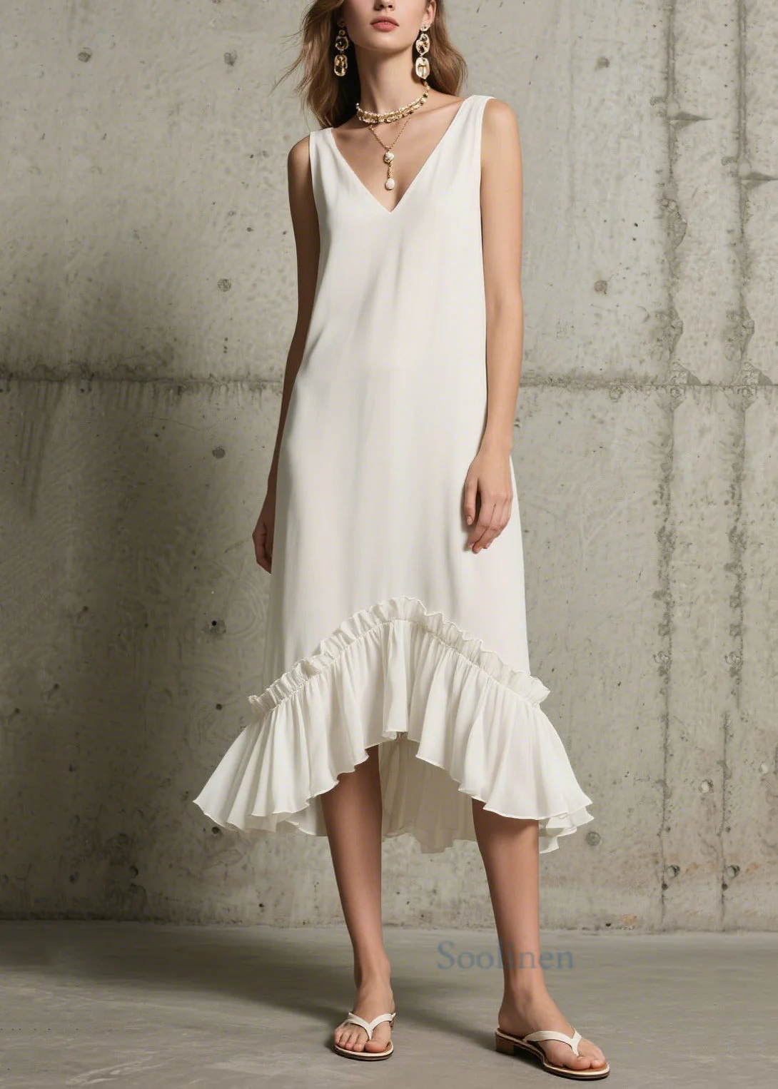 Unique White Ruffled Patchwork Chiffon Dress Sleeveless - Image 5