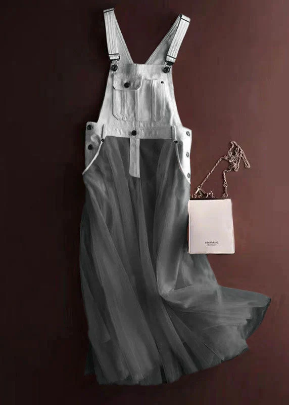 Unique Grey Tulle Patchwork Denim Strap Dress Summer