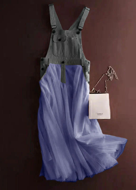 Unique Grey Tulle Patchwork Denim Strap Dress Summer - Image 7