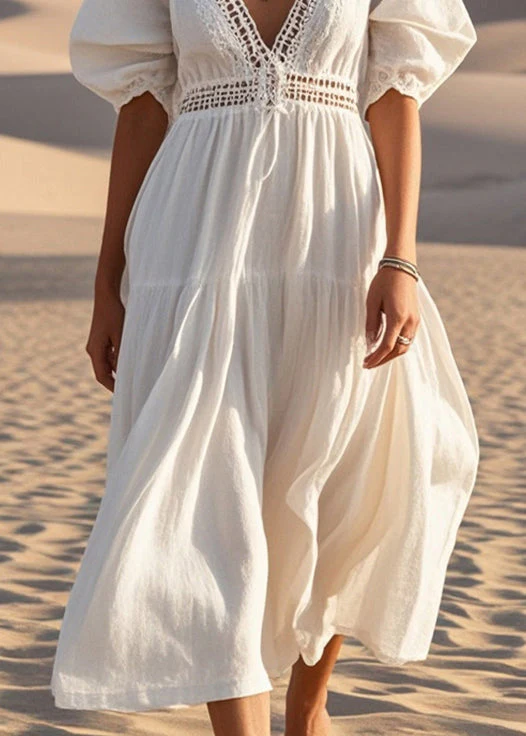 Unique White V Neck Hollow Out Cotton Maxi Dresses Summer - Image 4