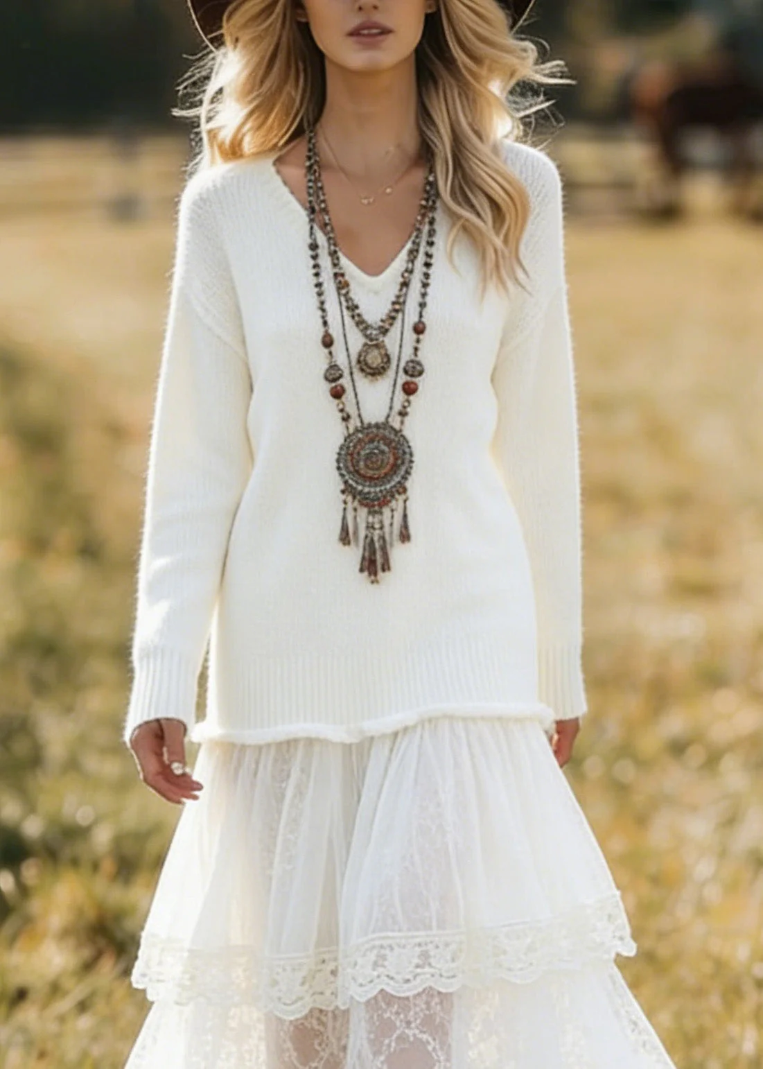 Unique White V Neck Lace Patchwork Knit Dress Spring - Image 2