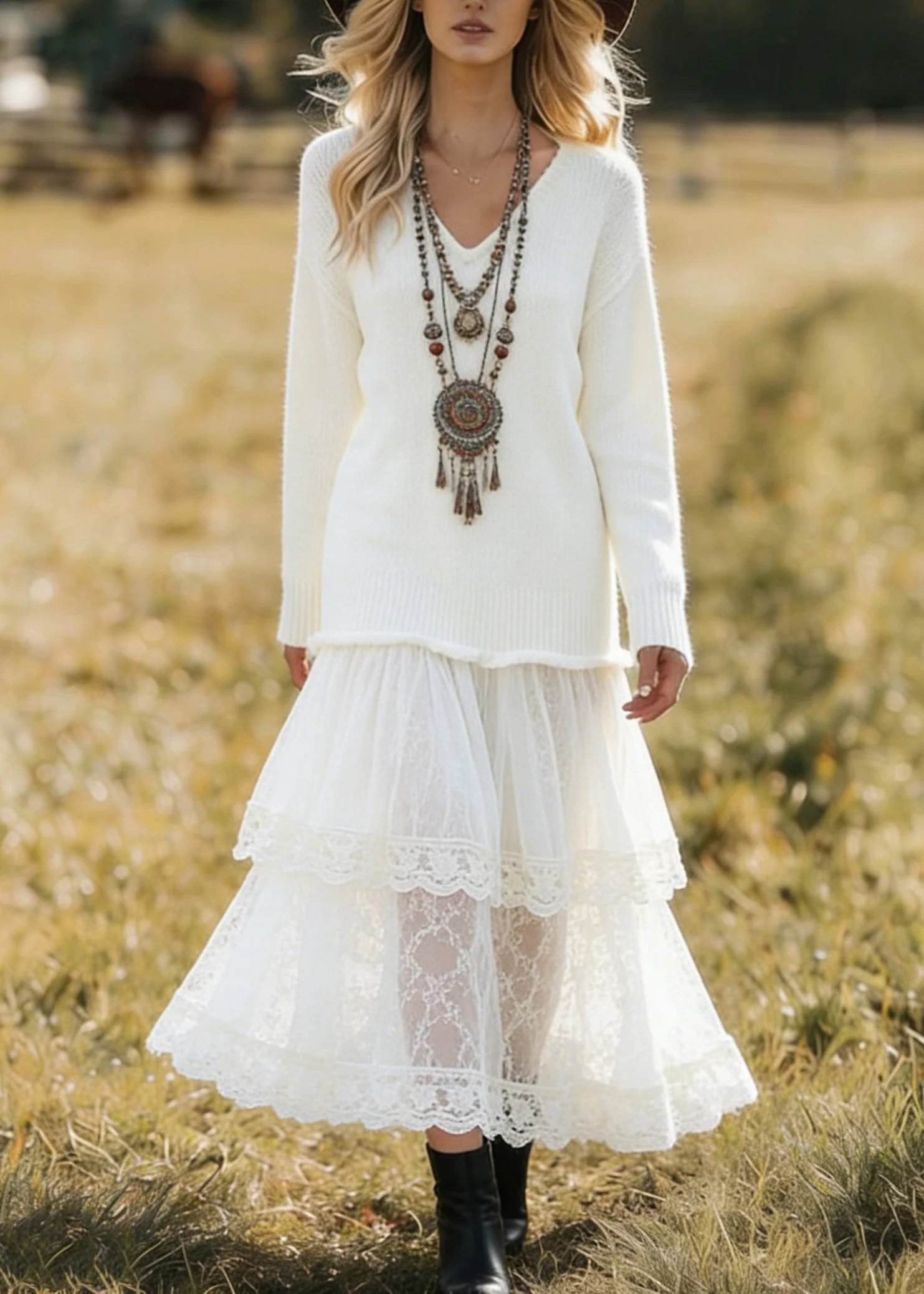 Unique White V Neck Lace Patchwork Knit Dress Spring - Image 3