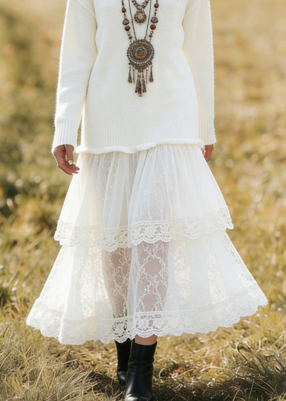 Unique White V Neck Lace Patchwork Knit Dress Spring - Image 4