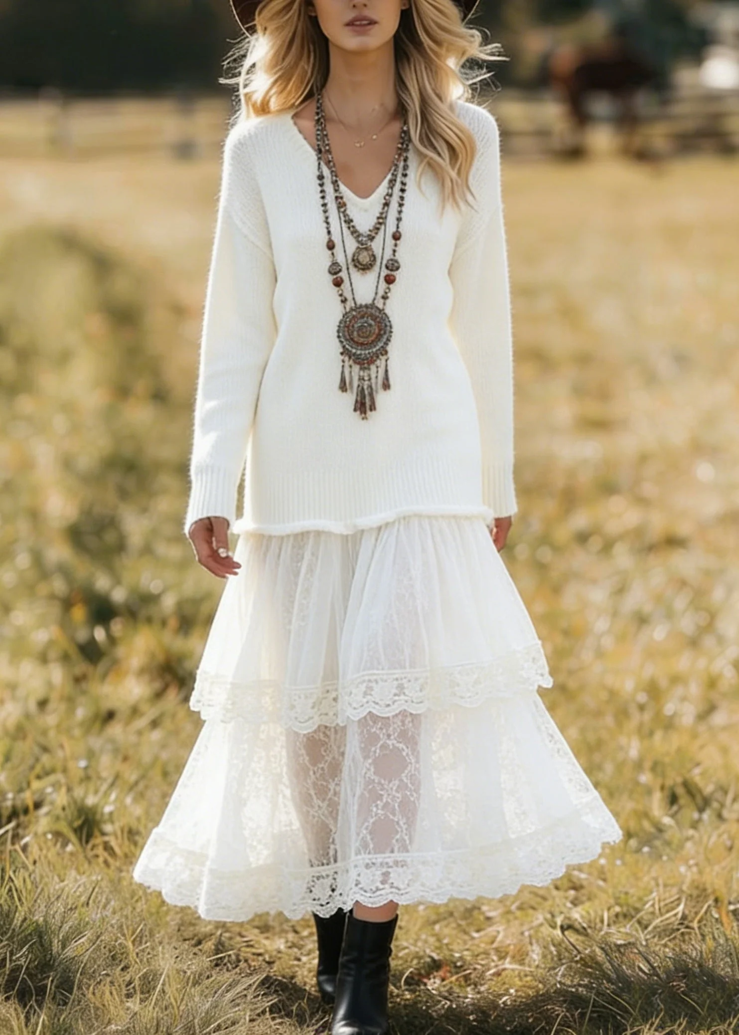 Unique White V Neck Lace Patchwork Knit Dress Spring - Image 5