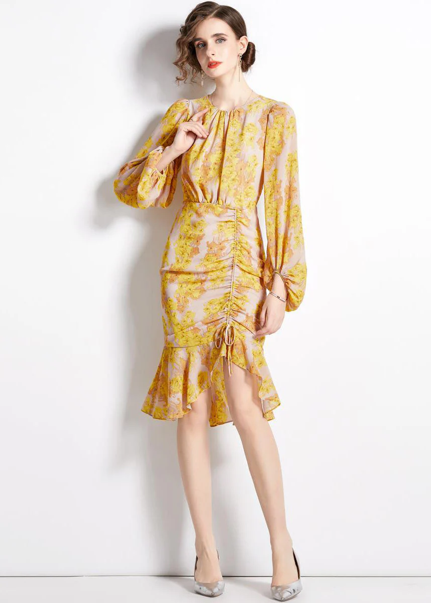Unique Yellow Cinched Print Chiffon Fishtail Dresses Lantern Sleeve