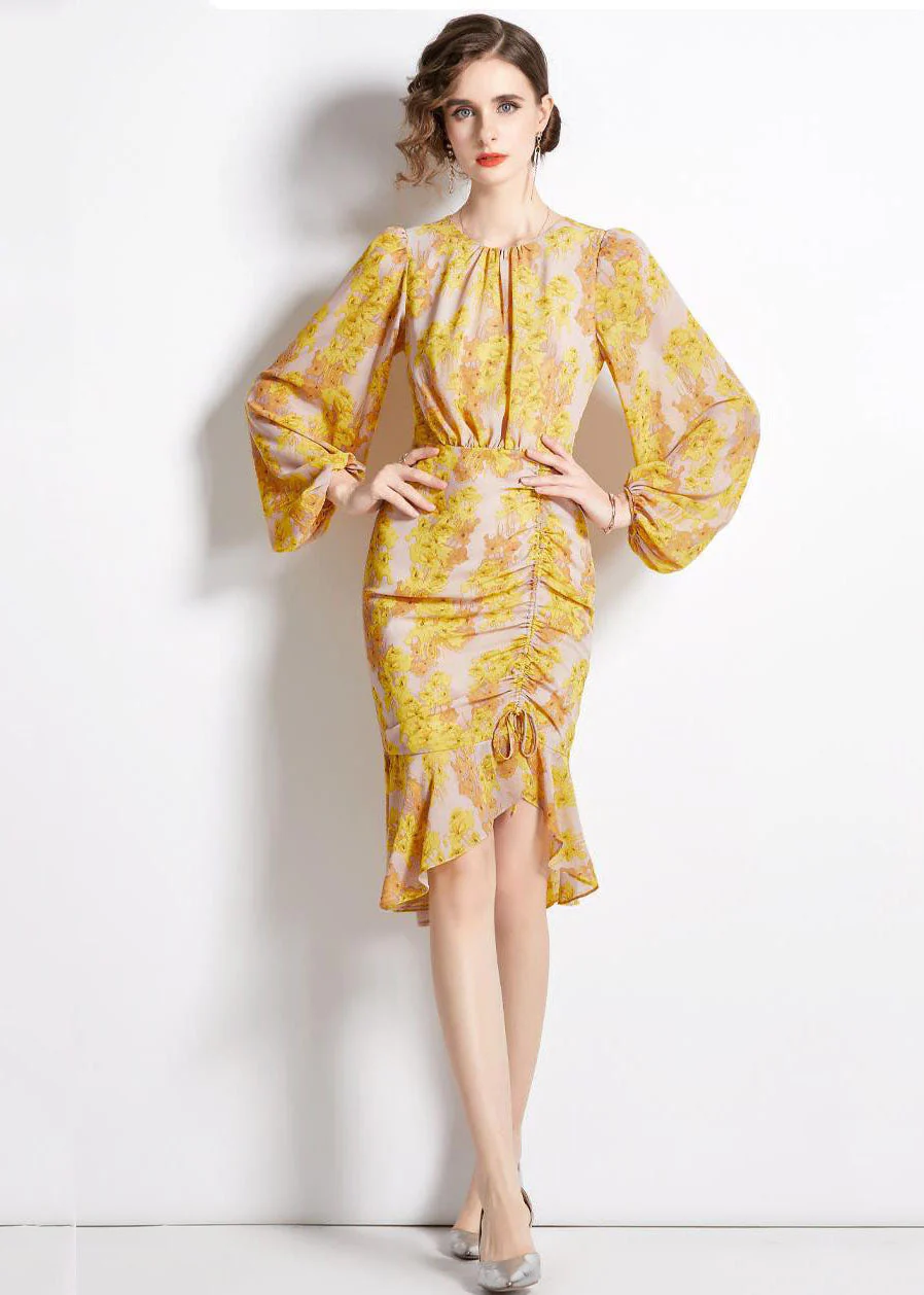 Unique Yellow Cinched Print Chiffon Fishtail Dresses Lantern Sleeve - Image 2