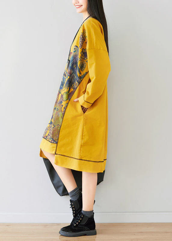 Unique Yellow O-Neck Asymmetrical Animal print Dress Spring - Image 4