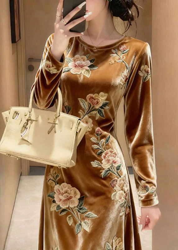Unique Yellow O-Neck Embroidered Floral Silk Velvet Maxi Dresses Spring - Image 2