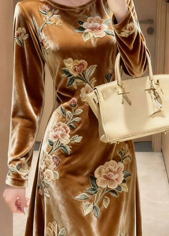 Unique Yellow O-Neck Embroidered Floral Silk Velvet Maxi Dresses Spring - Image 3