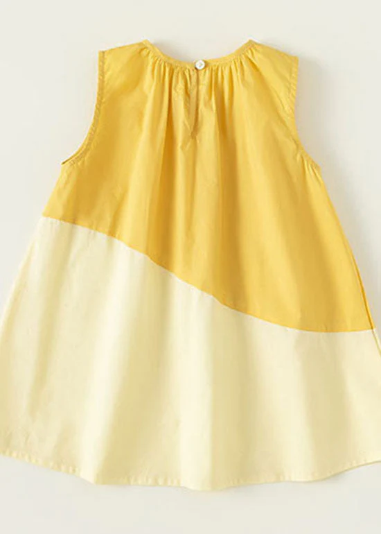 Unique Yellow O Neck Patchwork Cotton Baby Girls Dresses Sleeveless - Image 3