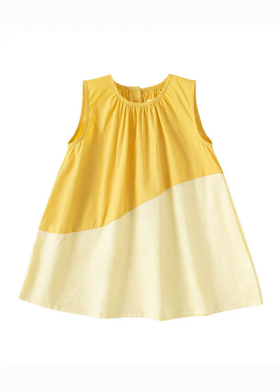 Unique Yellow O Neck Patchwork Cotton Baby Girls Dresses Sleeveless - Image 5