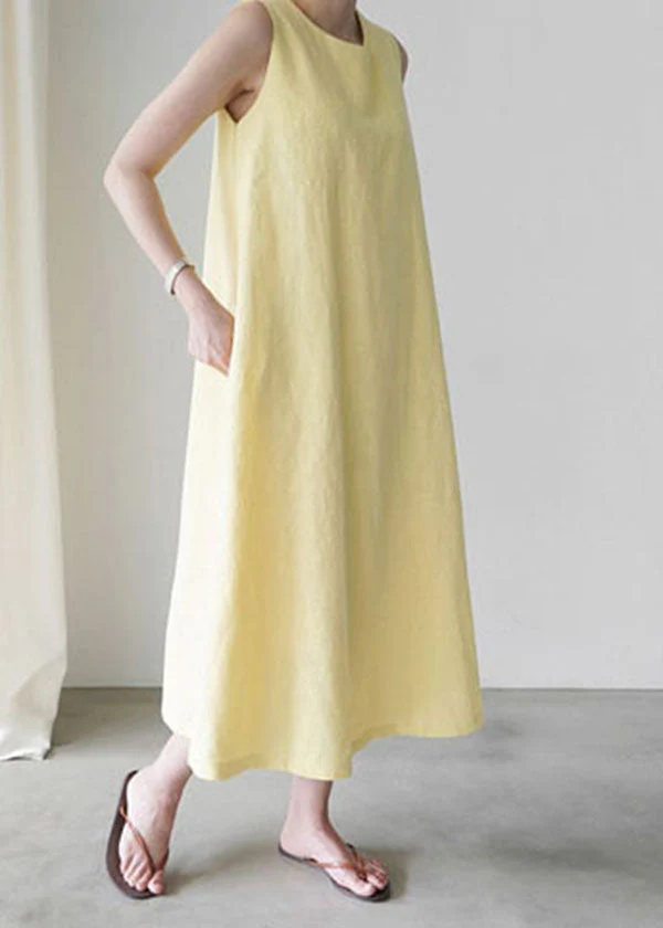 Unique Yellow O-Neck Pockets Party Dress Sleeveless - Image 2